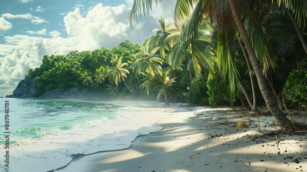 Poster A picturesque, tranquil beach scene featuring soft sandy shores, lush palm trees, and gentle waves under a vibrant blue sky with scattered white clouds.