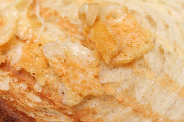 food with selective focus. texture of toasted bread with cheese. details of bread with cheese. toasted bread and cheese.