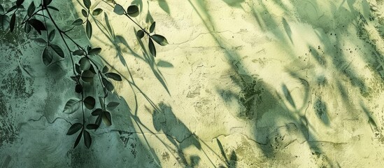 Shadows of tree branches and leaves on olive green concrete wall. Trendy abstract nature background with copy space for text. Flat lay poster mockup.