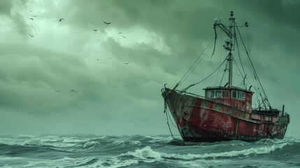 Obraz premium Old Fishing Boat in Stormy Sea. Moody sailing coastal