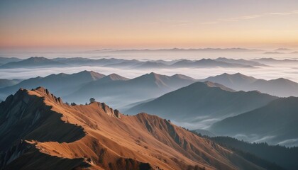 Naklejka premium mountain layers and sunrise view in cold and foggy weather. 