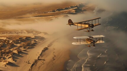 Experience first successful flight of the Wright brothers at Kitty Hawk with their innovative aircraft soaring above the dunes perfect for aviation history enthusiasts