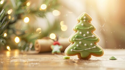Festive Christmas Tree Gingerbread Cookie - gingerbread, cookie, christmas, tree, green, white, frosting, lights, holiday, decor