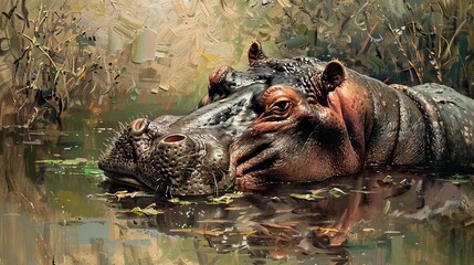 Fototapeta premium oil painting of a hippopotamus, hippo portrait