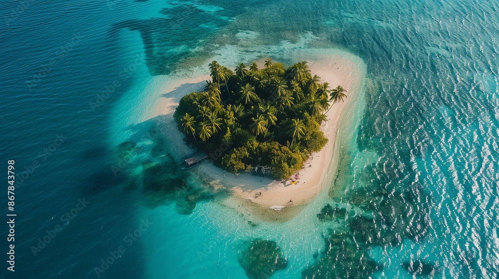 Poster An enchanting aerial view captures a small tropical island with a sandy beach, surrounded by turquoise waters and lush palm trees.