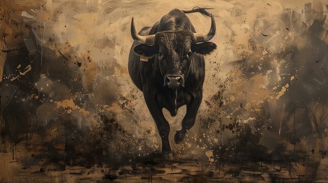 oil painting of a bull charging