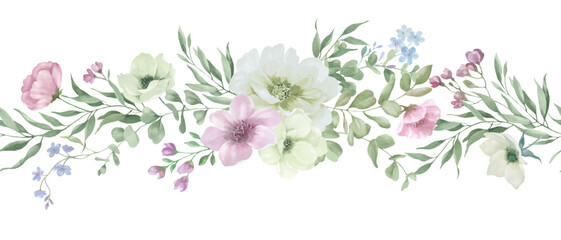 
Seamless watercolor  border. Hand drawn floral illustration isolated on white background. Vector EPS.