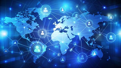 Global Network of People with World Map in Blue
