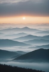 Obraz premium mountain layers and sunrise view in cold and foggy weather. 