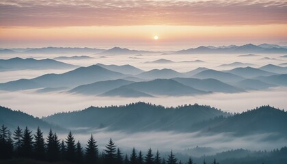 Fototapeta premium mountain layers and sunrise view in cold and foggy weather. 