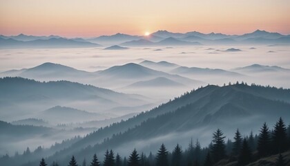 Obraz premium mountain layers and sunrise view in cold and foggy weather. 