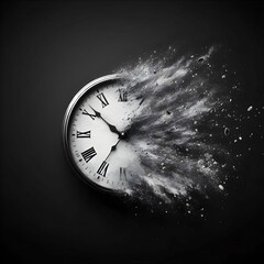 Fleeting time concept. Analog clock dissolving on black background
