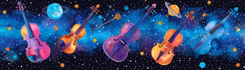 Fototapeta premium A symphony of watercolor instruments floating in space, Futuristic, Watercolor, Varied hues, Imaginative