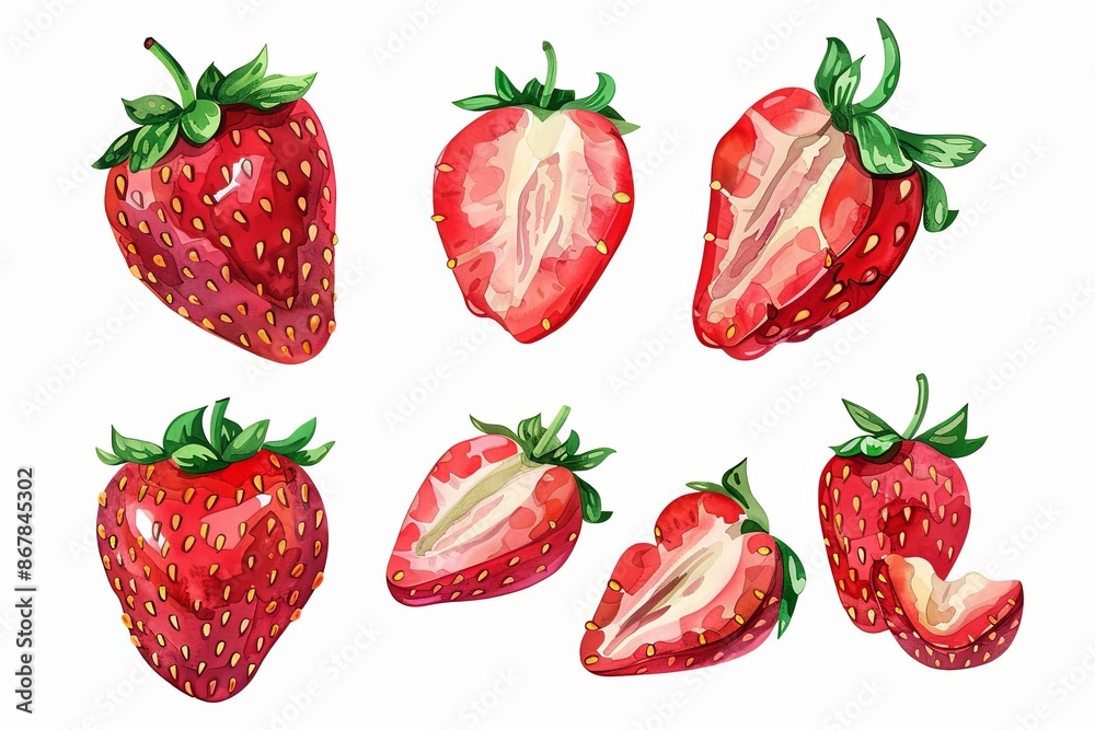 Aufkleber A digital illustration of red strawberries in various positions, some whole and some halved, painted in a watercolor style on a white background. Generative AI