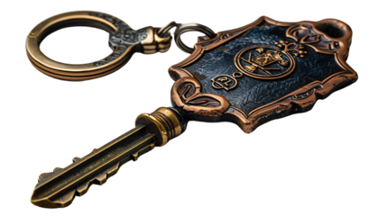 A gold and black colored skeleton key with intricate engravings and a large circular loop at the top. isolate on white background