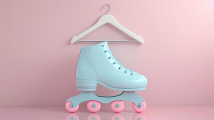 Pastel Blue Roller Skate on Pink Background - roller, skate, pastel, blue, pink, background, hanger, white, wheels, minimal
