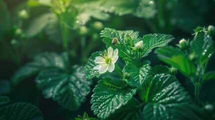 Green unripe strawberry with bee close up. Unripe strawberries with flowers and green leaves. Green unripe strawberry in the garden. Selective focus
