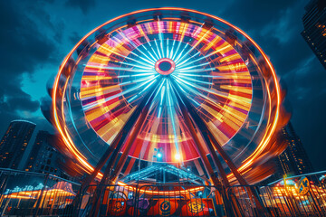 Brightly lit Ferris wheel at a summer fair
