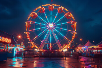 Brightly lit Ferris wheel at a summer fair