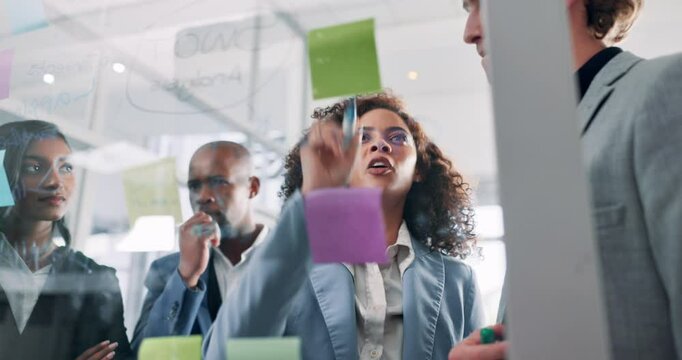 Collaboration, window and writing with business people in office for brainstorming a strategy together. Learning, glass or workshop with man and woman employee team in workplace for problem solving