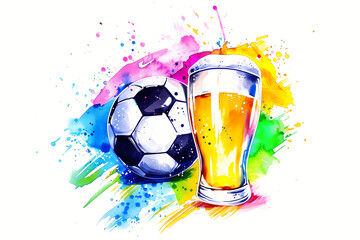 Print in watercolor style with colorful soccer ball and glass of beer for t-shirt prints and other uses. For fashion, silkscreen printing and home decor. Beer Day. Summer Olympic Games in France