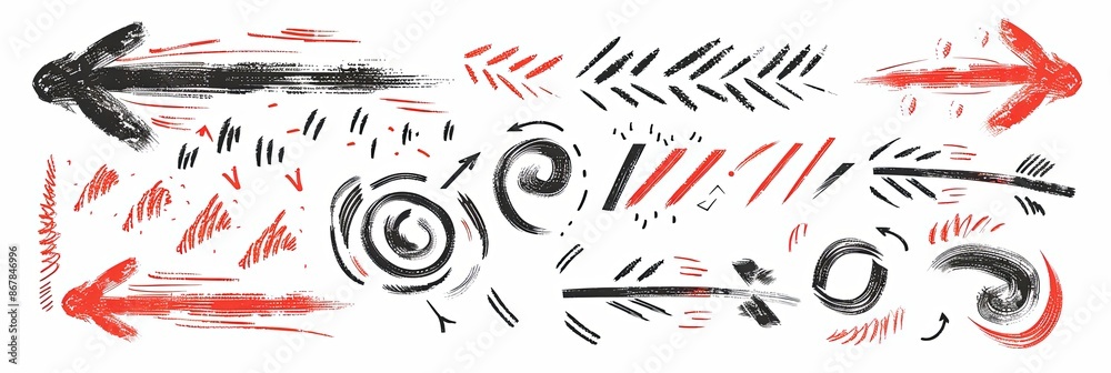 Poster a collection of hand-drawn arrows, lines, and circles in black and red on a white background. genera