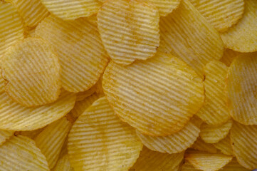 Full frame foodbackground of potato chips, top view