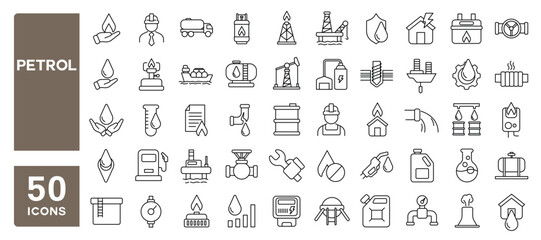 Set of 50 line icons related to petrol, gas station, energy sources, oil factory, fuel industry, Editable stroke. Vector illustration