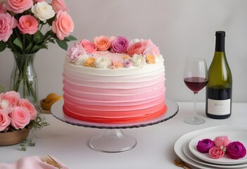 Naklejka premium A pink ombre frosted cake with fresh flowers on top, placed on a table with a glass of wine and other decorative elements, roses, flowers, champagne, wine, candles, gold forks