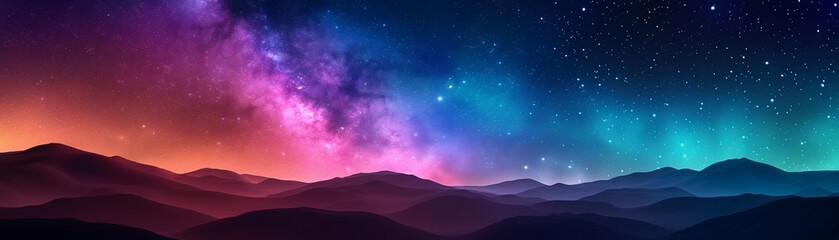 Fototapeta premium Adventurous hike under a galaxy sky on an alien planet, Bright, Digital Art, Starry landscape, High detail, Futuristic feel