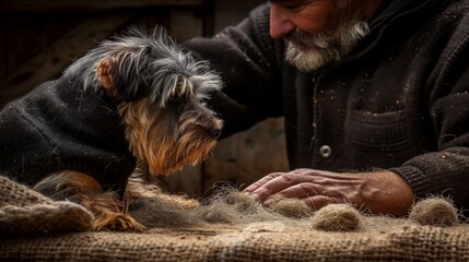 elderly man gently grooming a dog, demonstrating care and connection between man and animal.