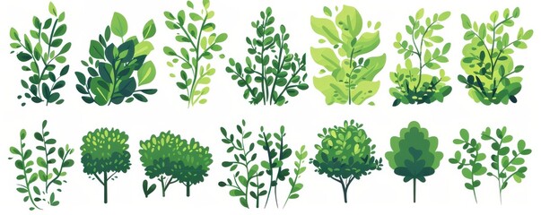 Illustration of four green, leafy trees with varying shapes and sizes on a white background. Vector illustration.
