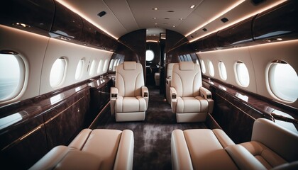 The inside of a private jet features luxurious design and glossy furnishings.
