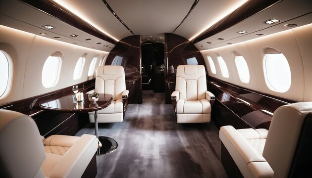 The inside of a private jet features luxurious design and glossy furnishings.