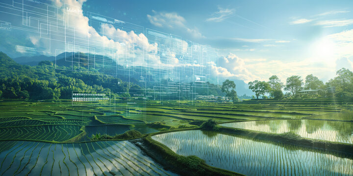 Lush terraced rice fields with digital interface overlay. Concept of smart farming and agriculture technology. Background of futuristic farming, sustainable agriculture. - Powered by Adobe