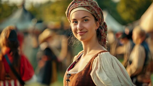 Smiling Caucasian woman wearing period clothing at outdoor historical reenactment event with blurred participants in background