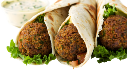  Spicy falafel wrap served with a side of dipping sauce, on a transparent background
