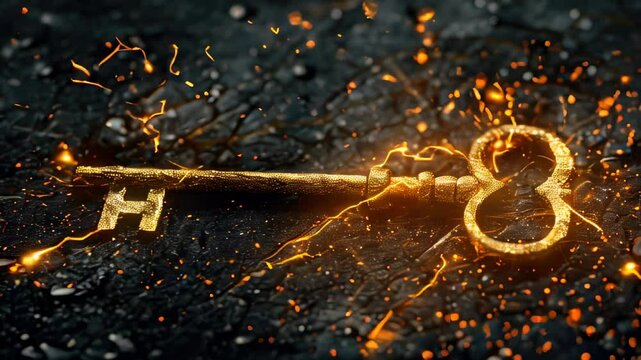 Golden key emits orange sparks on dark textured surface