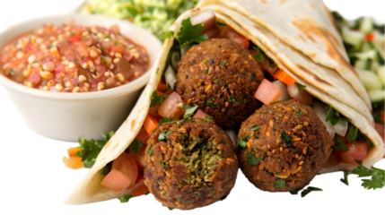  Spicy falafel wrap served with a side of dipping sauce, on a transparent background