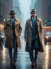 Two men wearing hats and trench coats walking together on a rainy city street with vintage vibes.
