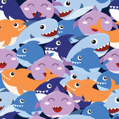 cute baby shark and little fish seamless pattern