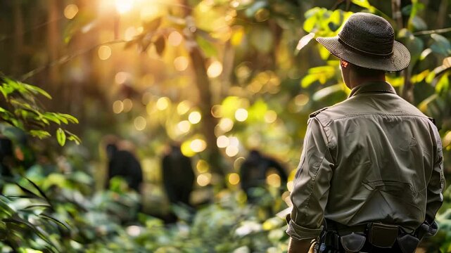 Man in hat and khaki shirt explores lush forest as others linger background, early morning sunlight filtering through foliage