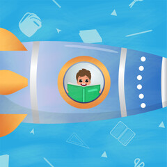 A child is holding a book and flying on a spaceship to school. Welcome to school.