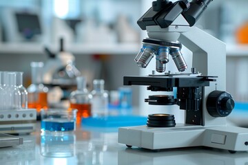 A close-up of a microscope in a laboratory setting with test tubes and vials containing various colorful liquids in the background.