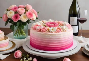 Naklejka premium A pink ombre frosted cake with fresh flowers on top, placed on a table with a glass of wine and other decorative elements, roses, flowers, champagne, wine, candles, gold forks