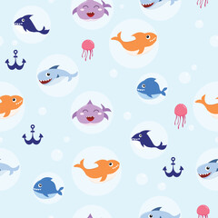 cute baby shark and little fish seamless pattern