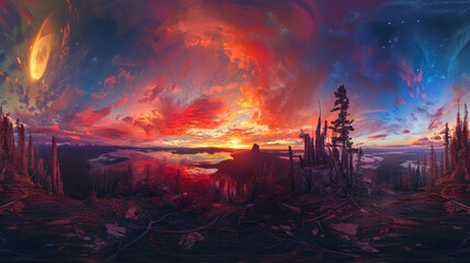 An awe-inspiring panoramic view highlighting a dramatic sunset with vibrant hues and natural landscapes, showcasing the beauty of the evening sky and nature's palette.