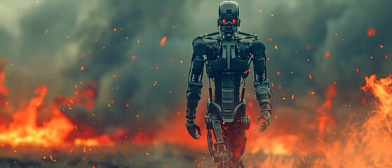 Fototapeta premium Walking on a blazing background of war and catastrophe is a military cyber robot.