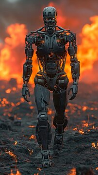 Walking on a blazing background of war and catastrophe is a military cyber robot.