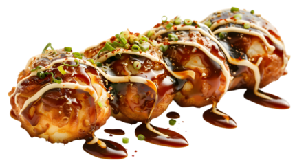  Spicy takoyaki drizzled with a blend of spicy mayo and takoyaki sauce, garnished with chili flakes, isolated on a transparent background 
